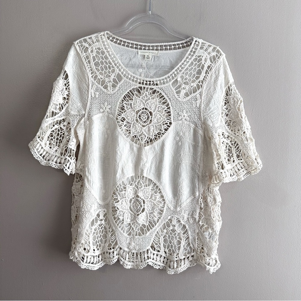 Farmers Market Ivory Open Knit Lace Blouse Womens Large Petite Boho Crochet
